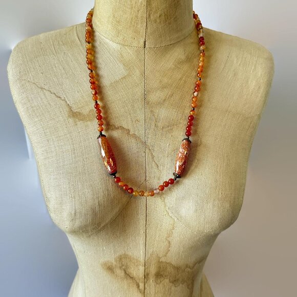 Vintage Necklace, Carnelian, Snakeskin Agate, Vintage, Art Deco, Stones, 1930s - Picture 6 of 7